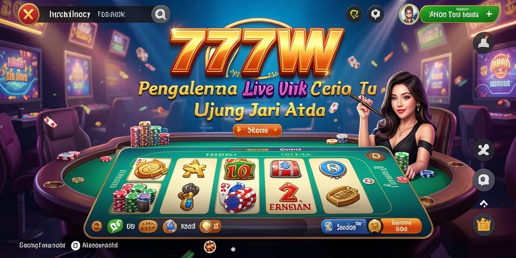 Screenshot gameplay 7777W dengan dealer dan pemain dalam suasana Live Casino.