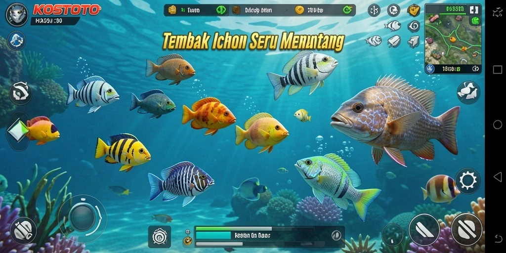 Tampilan gameplay KOSTOTO saat menembak ikan dengan grafis menawan.