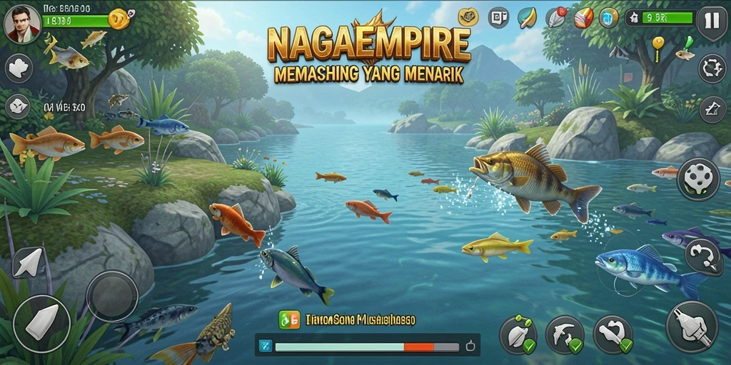 Screenshot gameplay NAGAEMPIRE dengan aksi memancing yang seru.
